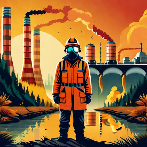  factory with smoke, sewage flowing in the river,a forest, a man with a nuclear mask