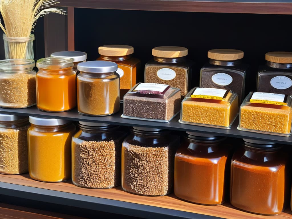  A closeup, ultradetailed image of an assortment of specialty gourmet sugars in elegant glass jars, showcasing the rich textures and unique colors of coconut sugar, muscovado sugar, and other artisanal sweeteners. The light reflects off the glass, highlighting the intricate crystalline structures and earthy tones of the sugars, creating a visually stunning and enticing composition for the readers. hyperrealistic, full body, detailed clothing, highly detailed, cinematic lighting, stunningly beautiful, intricate, sharp focus, f/1. 8, 85mm, (centered image composition), (professionally color graded), ((bright soft diffused light)), volumetric fog, trending on instagram, trending on tumblr, HDR 4K, 8K