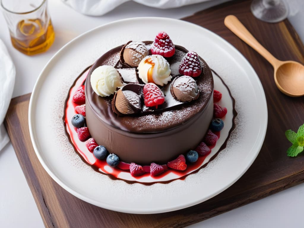  An ultradetailed, minimalist illustration of a decadent dessert plate featuring a perfectly balanced array of macronutrients a slice of rich chocolate cake drizzled with a delicate raspberry coulis, a scoop of creamy vanilla bean ice cream, and a scattering of fresh berries and mint leaves for a pop of color. The intricate details capture the textures of the dessert components, from the glossy sheen of the chocolate to the tantalizing swirls in the ice cream, all set on a pristine white plate against a subtle, softfocus background to emphasize the elegant simplicity of the composition. hyperrealistic, full body, detailed clothing, highly detailed, cinematic lighting, stunningly beautiful, intricate, sharp focus, f/1. 8, 85mm, (centered image composition), (professionally color graded), ((bright soft diffused light)), volumetric fog, trending on instagram, trending on tumblr, HDR 4K, 8K