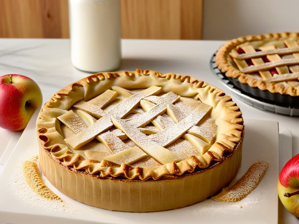  A closeup, ultradetailed image of a hand gently sprinkling a pinch of stevia powder over a freshly baked apple pie, with the pie resting on a sleek, modern kitchen countertop. The focus is on the fine texture of the stevia powder as it delicately falls onto the golden crust of the pie, highlighting the natural sweetness replacement process in a visually appealing and minimalistic style. hyperrealistic, full body, detailed clothing, highly detailed, cinematic lighting, stunningly beautiful, intricate, sharp focus, f/1. 8, 85mm, (centered image composition), (professionally color graded), ((bright soft diffused light)), volumetric fog, trending on instagram, trending on tumblr, HDR 4K, 8K