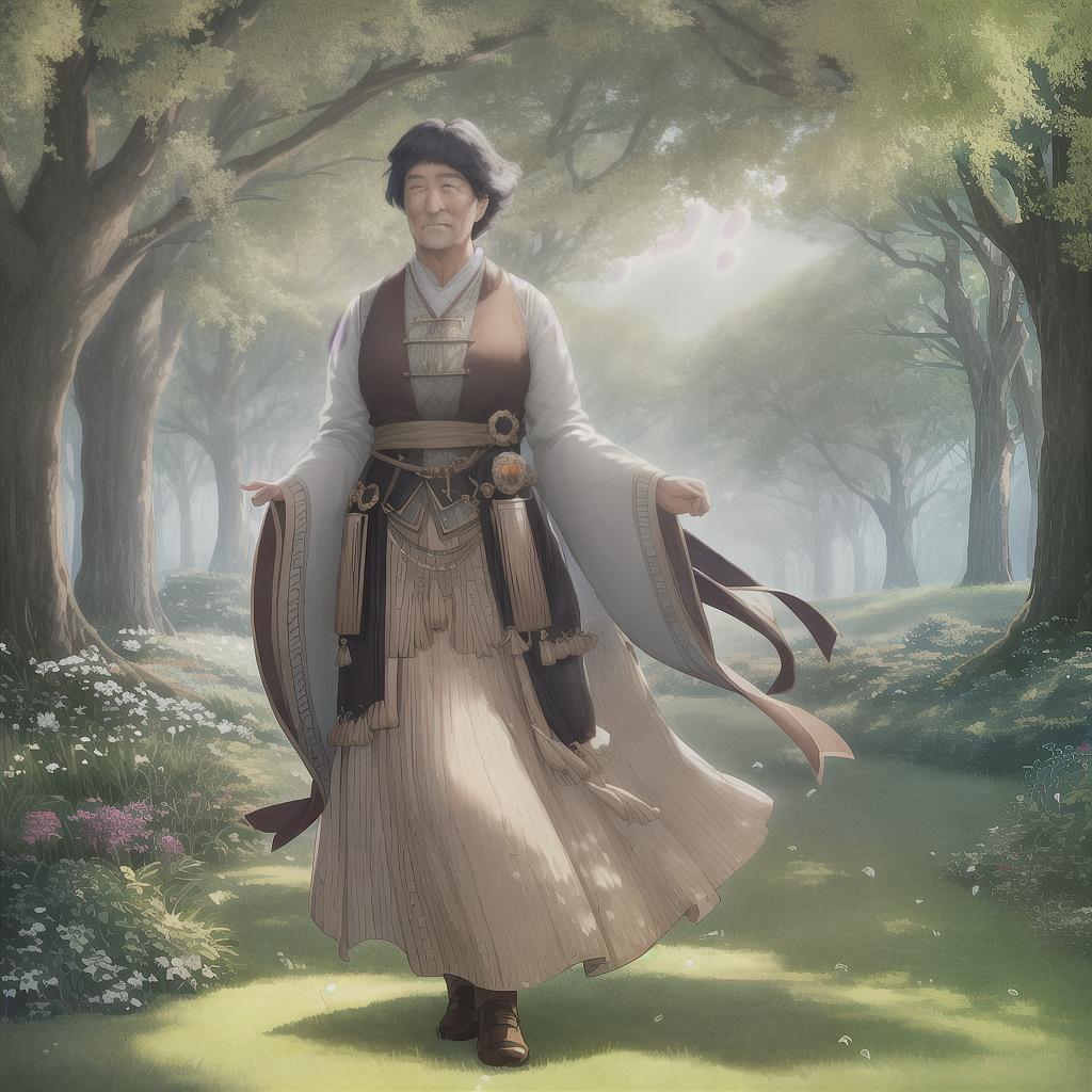  In this ultra-detailed artwork, created with the utmost precision and care, you will find a charming scene inspired by Studio Ghibli. It showcases a 60-year-old man with a round face and a warm smile, without glasses. The setting is a beautiful grassy field, adding a touch of serenity to the composition. hyperrealistic, full body, detailed clothing, highly detailed, cinematic lighting, stunningly beautiful, intricate, sharp focus, f/1. 8, 85mm, (centered image composition), (professionally color graded), ((bright soft diffused light)), volumetric fog, trending on instagram, trending on tumblr, HDR 4K, 8K