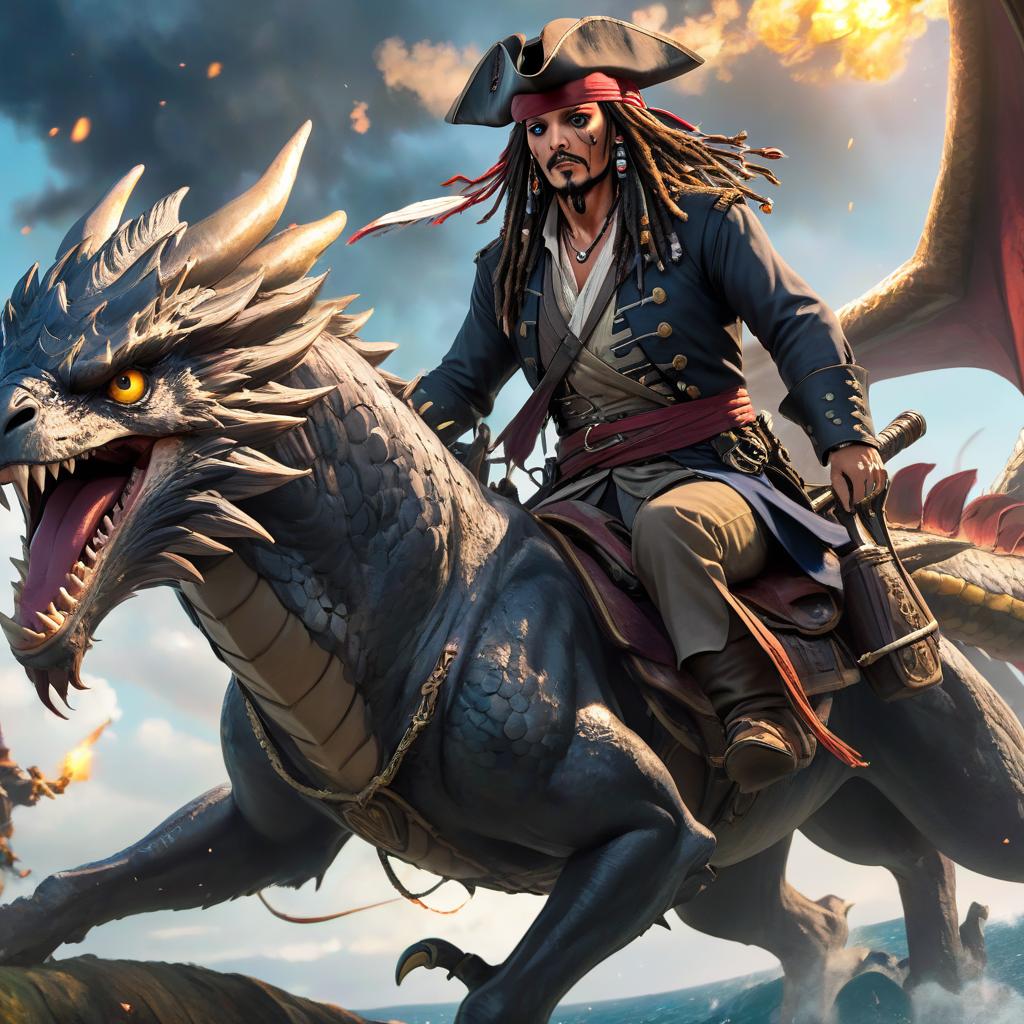  concept art (splattered masterpiece: 1.5), (best quality: 1.2), (aesthetics), sharpen the details, (complex details: 1.2), (detailed face, detailed body, detailed eyes, bright eyes, create an animated illustration in 8K format, (realism). Jack Sparrow flies astride a mythical dragon sitting on a dragon in the sky laughing. He holds a rum in his hands . digital artwork, illustrative, painterly, matte painting, highly detailed hyperrealistic, full body, detailed clothing, highly detailed, cinematic lighting, stunningly beautiful, intricate, sharp focus, f/1. 8, 85mm, (centered image composition), (professionally color graded), ((bright soft diffused light)), volumetric fog, trending on instagram, trending on tumblr, HDR 4K, 8K