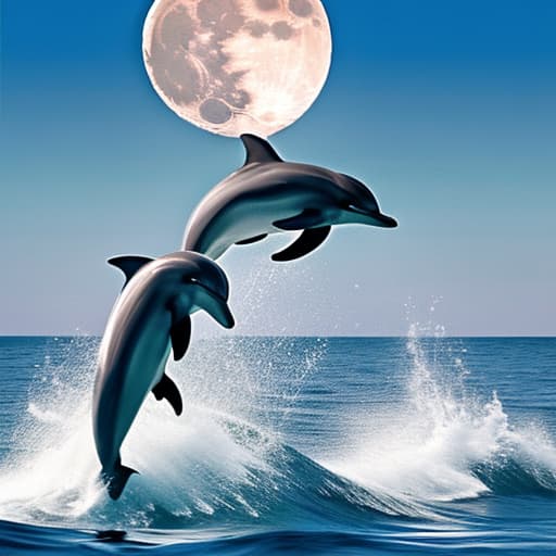  Dolphins jumping over the moon from the ocean