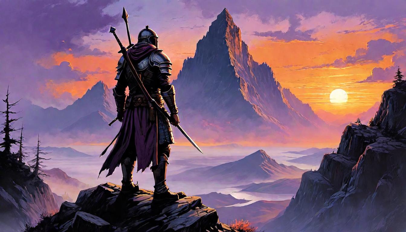  （surrealism)A determined figure, standing on a mountainous peak, vivid sunset casting long shadows, figure clad in worn but resilient armor, landscape dotted with remnants of past battles, skies tinged with hues of orange and purple, triumph, endurance mystic, intricate details, best quality)