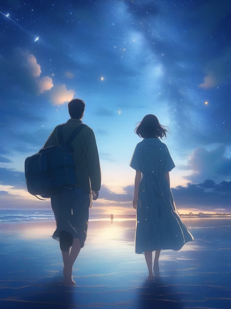  The background is the sea, the sky, the sandy beaches, the men and women, two people walking, looking up at the starry sky while taking a little distance., masterpiece, best quality,8k,ultra detailed,high resolution,an extremely delicate and beautiful,hyper detail