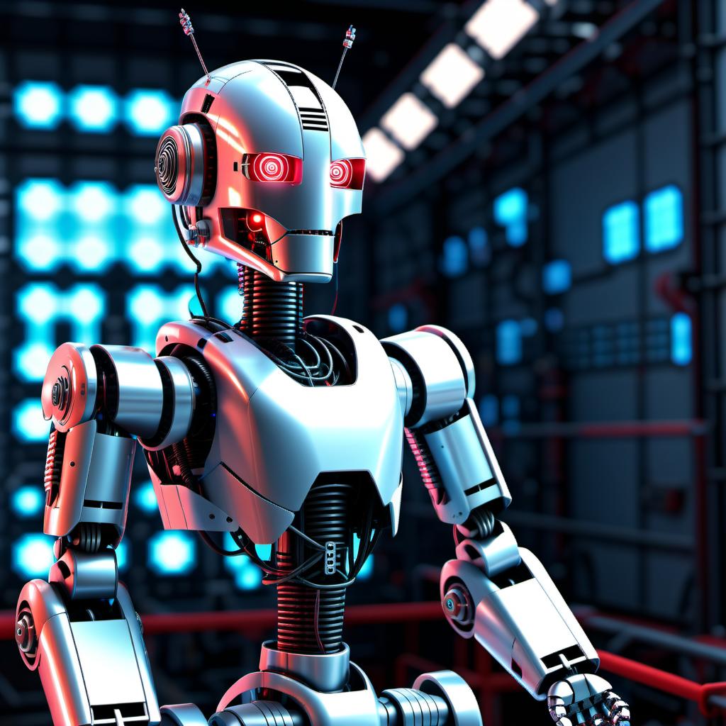 cybernetic robot Abandoned toy factory . android, AI, machine, metal, wires, tech, futuristic, highly detailed