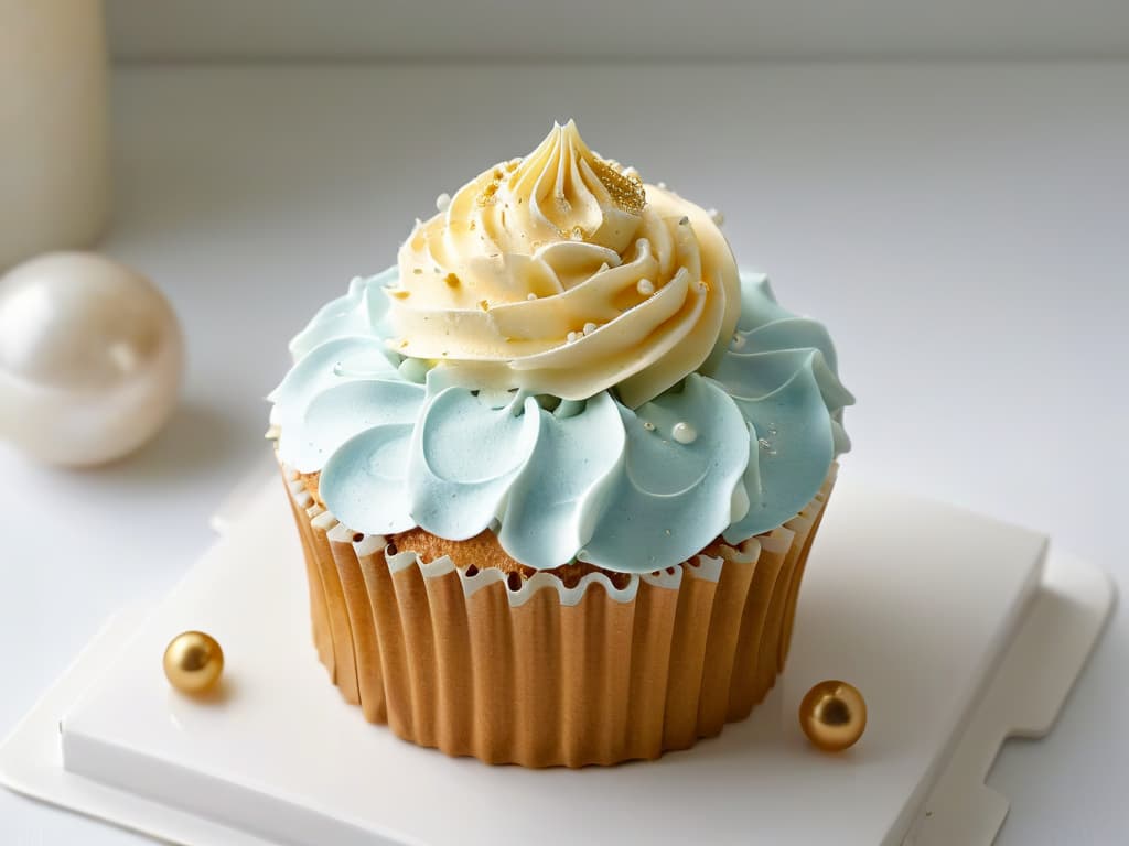  A closeup, ultradetailed image of a perfectly frosted cupcake with intricate swirls of pastelcolored buttercream, delicately placed edible pearls, and a dusting of shimmering gold flakes, all set against a pristine white backdrop. hyperrealistic, full body, detailed clothing, highly detailed, cinematic lighting, stunningly beautiful, intricate, sharp focus, f/1. 8, 85mm, (centered image composition), (professionally color graded), ((bright soft diffused light)), volumetric fog, trending on instagram, trending on tumblr, HDR 4K, 8K