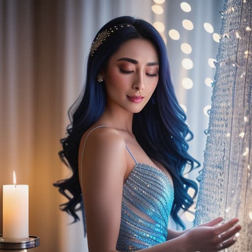  show image (Wrapped in a silky midnight-blue evening gown with delicate silver embroidery, her hair flowing down in soft waves. She is standing amidst the dim glow of flickering candles and twinkling fairy lights as the aroma of exotic flowers fills the air.) hyperrealistic, full body, detailed clothing, highly detailed, cinematic lighting, stunningly beautiful, intricate, sharp focus, f/1. 8, 85mm, (centered image composition), (professionally color graded), ((bright soft diffused light)), volumetric fog, trending on instagram, trending on tumblr, HDR 4K, 8K