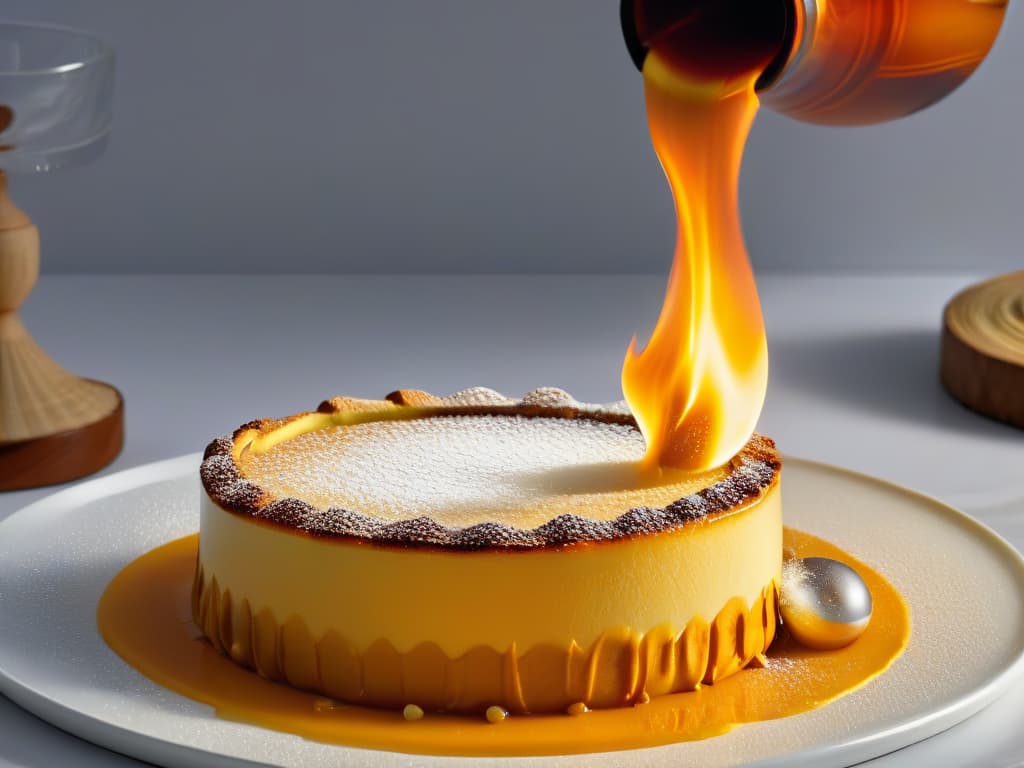  An ultradetailed closeup image of a perfectly goldenbrown crème brûlée being torched to create a caramelized sugar crust, with small bubbles forming on the surface as the flame dances over it. The rich, creamy custard is visible through the transparent layer of sugar, showcasing the dessert's decadent texture and the precision required to achieve such a flawless finish. The play of light and shadow highlights the intricate details of the dessert, making it a visually captivating and appetizing image that conveys the artistry and skill involved in the world of pastry competitions. hyperrealistic, full body, detailed clothing, highly detailed, cinematic lighting, stunningly beautiful, intricate, sharp focus, f/1. 8, 85mm, (centered image composition), (professionally color graded), ((bright soft diffused light)), volumetric fog, trending on instagram, trending on tumblr, HDR 4K, 8K