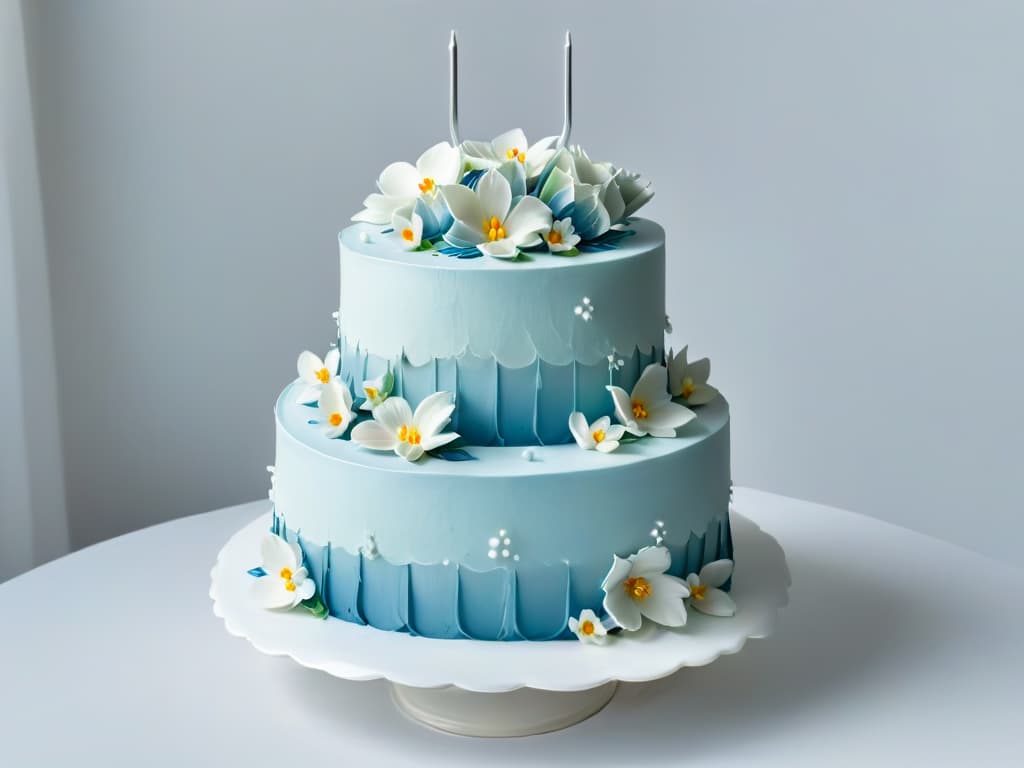  A closeup shot of a perfectly frosted and decorated threetiered wedding cake, featuring intricate sugar flowers and delicate piping details in pastel colors. The focus is on the craftsmanship and artistry of the cake, showcasing the precision and skill involved in creating such a masterpiece. Each layer is elegantly designed, with a smooth finish that reflects the light, creating a sense of luxury and sophistication. The background is blurred to emphasize the cake, making it the focal point of the image. hyperrealistic, full body, detailed clothing, highly detailed, cinematic lighting, stunningly beautiful, intricate, sharp focus, f/1. 8, 85mm, (centered image composition), (professionally color graded), ((bright soft diffused light)), volumetric fog, trending on instagram, trending on tumblr, HDR 4K, 8K