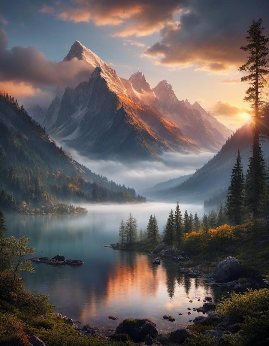  Luxury product style digital painting of a beautiful mountain landscape, lake, forest, sunset, cloudy . Elegant, sophisticated, high end, luxurious, professional, highly detailed hyperrealistic, full body, detailed clothing, highly detailed, cinematic lighting, stunningly beautiful, intricate, sharp focus, f/1. 8, 85mm, (centered image composition), (professionally color graded), ((bright soft diffused light)), volumetric fog, trending on instagram, trending on tumblr, HDR 4K, 8K