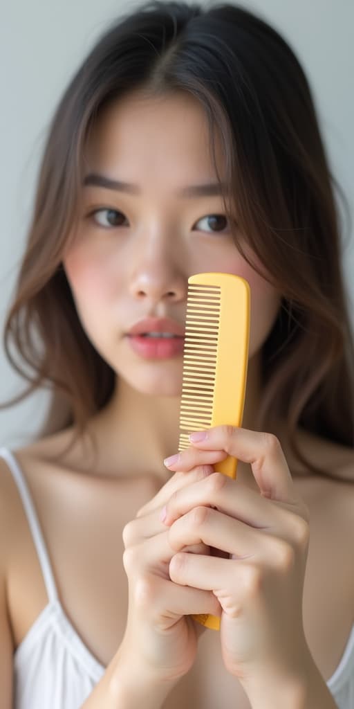  good quality, high quality, stress asian young woman, girl hand holding comb show her hairbrush with loss, hair in brush after brushing, hair fall out problem. health care, beauty with treatment concept, isolated on background.