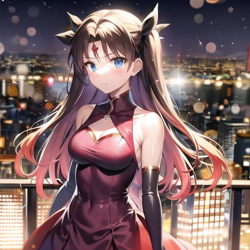  master piece , best quality,rin tohsaka, (fate), fate/stay night, cute, detailed eyes, city light glows dramatically, bokeh effect, underneath her the light particle grows, s 400 niji 6