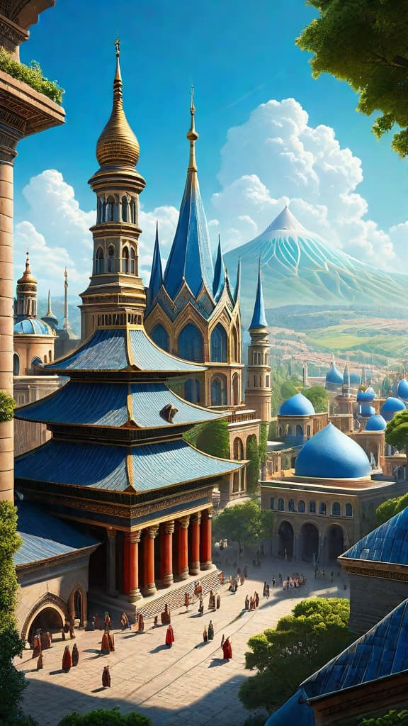  (A vast, sprawling city with towering, ornate buildings featuring unique domed roofs, spires, and intricate architectural details. The city is set in a lush, verdant landscape with rolling hills and a clear, blue sky. In the foreground, there are people dressed in traditional Tartarian garb going about their daily lives, utilizing advanced technology that appears to be powered by unseen forces. The overall scene conveys a sense of a highly advanced, technologically sophisticated civilization that thrived long before modern times.) hyperrealistic, full body, detailed clothing, highly detailed, cinematic lighting, stunningly beautiful, intricate, sharp focus, f/1. 8, 85mm, (centered image composition), (professionally color graded), ((bright soft diffused light)), volumetric fog, trending on instagram, trending on tumblr, HDR 4K, 8K