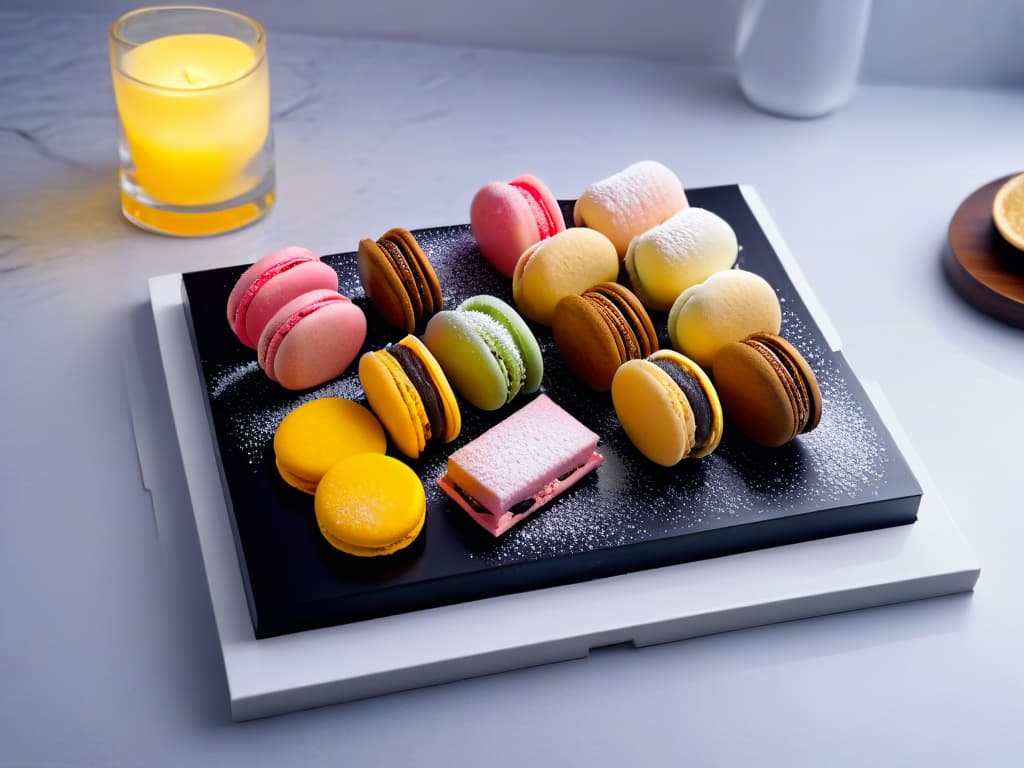  An intricately designed, minimalist dessert platter featuring a fusion of Eastern and Western traditional sweets. The image showcases delicate French macarons alongside vibrant Japanese mochi, elegantly arranged on a sleek, modern platter. The macarons are pastelhued and perfectly formed, while the mochi glistens with a light dusting of powdered sugar. The contrast of textures and colors creates a visually stunning display, symbolizing the harmonious blend of cultures in culinary artistry. hyperrealistic, full body, detailed clothing, highly detailed, cinematic lighting, stunningly beautiful, intricate, sharp focus, f/1. 8, 85mm, (centered image composition), (professionally color graded), ((bright soft diffused light)), volumetric fog, trending on instagram, trending on tumblr, HDR 4K, 8K