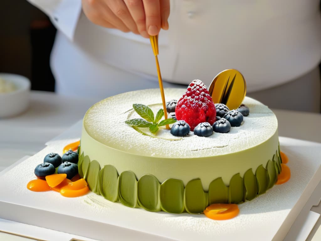  An ultradetailed image of a delicate, intricate dessert being meticulously crafted in a modern, sleek kitchen setting. The dessert is a multilayered creation with vibrant colors and unique textures, showcasing the fusion of science and art in pastrymaking. The chef's hands, adorned with precision tools, are expertly adding the finishing touches to the dessert, highlighting the meticulous attention to detail and innovation in pastry creation. The background is clean and minimalistic, emphasizing the focus on the dessert and the skillful hands of the chef. hyperrealistic, full body, detailed clothing, highly detailed, cinematic lighting, stunningly beautiful, intricate, sharp focus, f/1. 8, 85mm, (centered image composition), (professionally color graded), ((bright soft diffused light)), volumetric fog, trending on instagram, trending on tumblr, HDR 4K, 8K