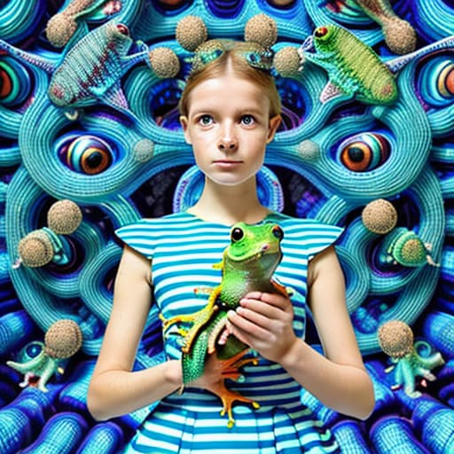  A young woman holding a coloured frog gecko in a sky blue and white striped 👗 surrounded by striped rusty metal robotic fishes from a dstopian labyrinth , stable diffusion, absolute reality v1.6, perfect symmetry, photo realistic raw, in the style of hr giger and jacek yerka and moebius victorian era, atmospheric and wabi sabi look