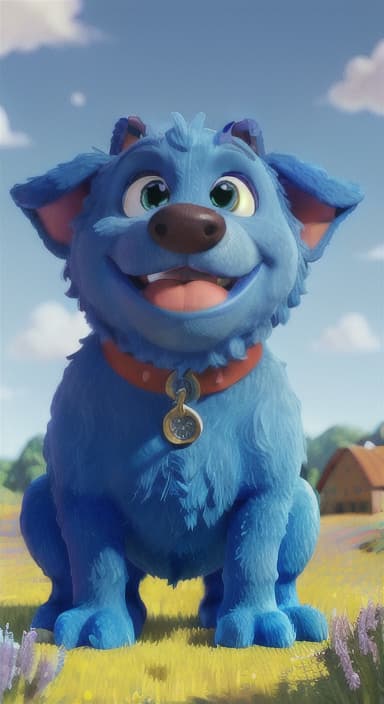  {A happy, big blue dog wagging its tail in a colorful meadow, The big blue dog is large with sky blue fur, big round eyes, a black nose, and floppy ears.