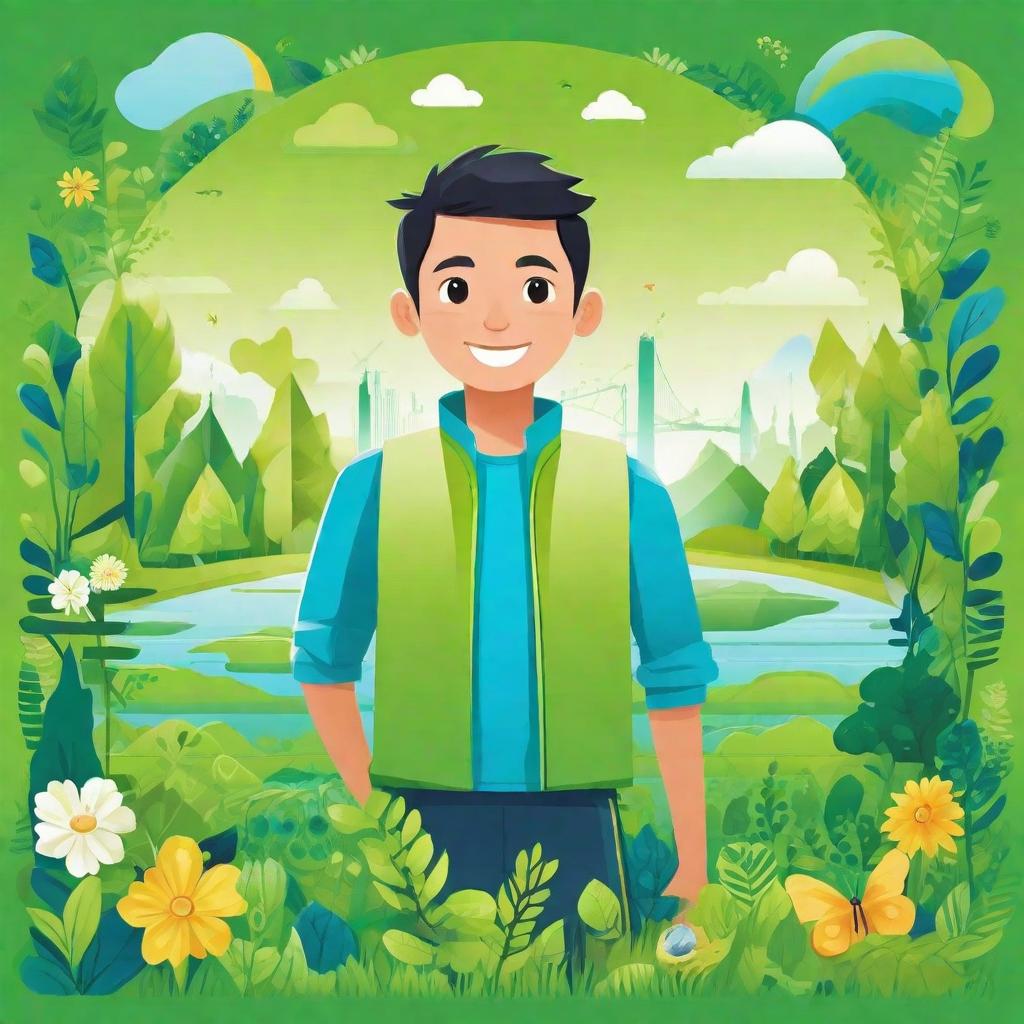  masterpiece, best quality,Background design: fresh green and blue gradient, representing harmony between nature and society. Core image design: a young man organizes an online environmental campaign through the network of Wopi. He uses smart devices to display his environmental projects, and the screen displays the slogan "cheer for the earth". The character occupies the right part of the picture.