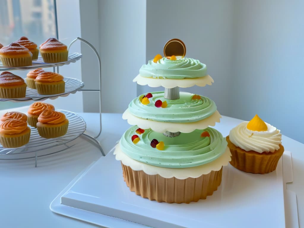  A highresolution image of a sleek, modern kitchen with marble countertops and stainless steel appliances, showcasing an array of beautifully decorated pastries and desserts. The image features intricate piping details on cupcakes, glossy glazes on cakes, and delicate decorations on cookies, all arranged elegantly on a minimalist white serving platter. The soft natural light streaming through a nearby window highlights the exquisite craftsmanship and attention to detail in each pastry, evoking a sense of sophistication and artistry in the world of pastry retreats. hyperrealistic, full body, detailed clothing, highly detailed, cinematic lighting, stunningly beautiful, intricate, sharp focus, f/1. 8, 85mm, (centered image composition), (professionally color graded), ((bright soft diffused light)), volumetric fog, trending on instagram, trending on tumblr, HDR 4K, 8K