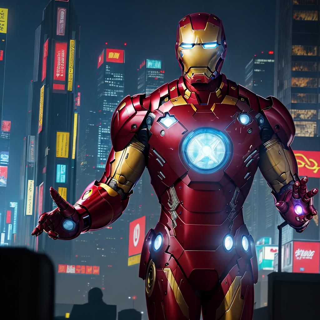  masterpiece, best quality, masterpiece, 8k resolution, realistic, highly detailed, Iron Man close-up. He stands on a street lined with tall buildings in a cyberpunk style city at night. The city's night lights are bright, and the surrounding buildings and streets are full of cyberpunk elements such as neon lights, high-tech equipment and futuristic architectural design.