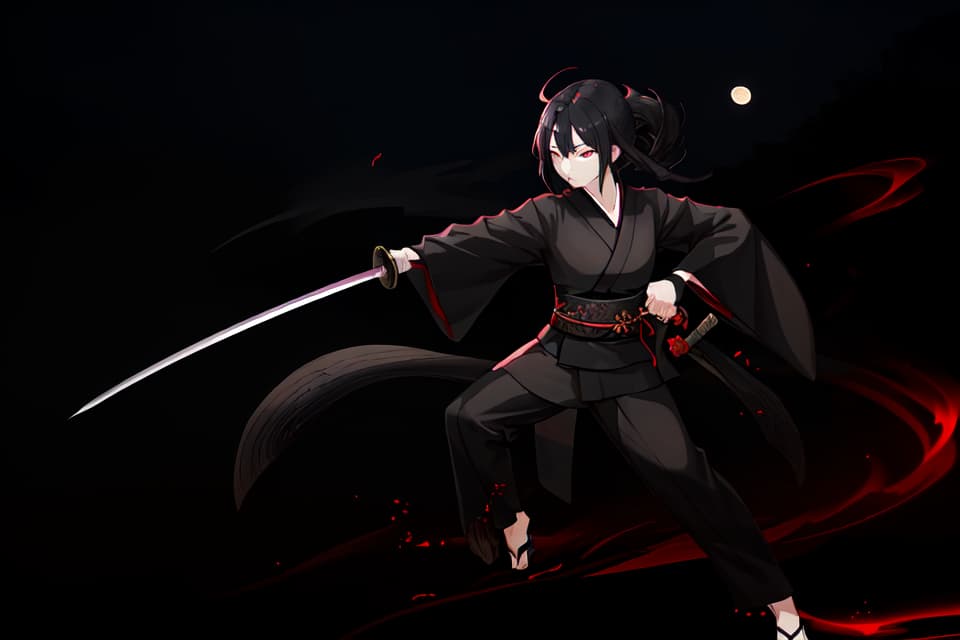  One , black kimono, black hair, black eyes, putting hair in the back, Japanese sword, long sword, hips, hold a sword, night, moon, serious expression, shadowy face, glowing eyes , Small s, slender, approaching, running, cutting, perspective, sprinting, stepping on, dust, winding wind, slashing