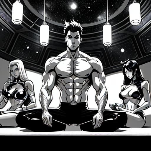  A man with toned abs sits in a teahouse, in space. Women are sitting around him and there is a hookah . The man himself is indescribably handsome, Sketch, Manga Sketch, Pencil drawing, Black and White, Manga, Manga style, Low detail, Line art, vector art, Monochromatic, by katsuhiro otomo and masamune shirow and studio ghilibi and yukito kishiro hyperrealistic, full body, detailed clothing, highly detailed, cinematic lighting, stunningly beautiful, intricate, sharp focus, f/1. 8, 85mm, (centered image composition), (professionally color graded), ((bright soft diffused light)), volumetric fog, trending on instagram, trending on tumblr, HDR 4K, 8K