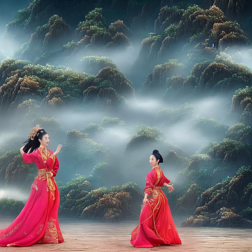  ((masterpiece)), (((best quality))), 8k, high detailed, ultra-detailed. A Chinese woman in traditional dress dancing at the seaside in China, with waves crashing against the shore, seagulls flying overhead, a vibrant sunset painting the sky with hues of orange and pink, and traditional Chinese lanterns hanging from nearby trees. The woman's dress is adorned with intricate embroidery, flowing gracefully as she performs elegant dance moves. The scene is captured in a style reminiscent of classical Chinese ink paintings, paying homage to traditional Chinese art forms. The lighting highlights the woman's graceful movements, casting soft shadows on the sand and illuminating the intricate details of her dress. hyperrealistic, full body, detailed clothing, highly detailed, cinematic lighting, stunningly beautiful, intricate, sharp focus, f/1. 8, 85mm, (centered image composition), (professionally color graded), ((bright soft diffused light)), volumetric fog, trending on instagram, trending on tumblr, HDR 4K, 8K