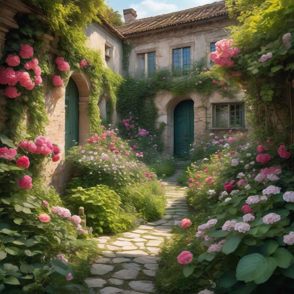  a garden with flowers, lots of doorways, connected to nature by vines, an alley, a ruined wall, picture frames, pleasant memories, hospitality, blackberry bushes, watercolor drawing with 3d parallax effect, hyperrealistic, full body, detailed clothing, highly detailed, cinematic lighting, stunningly beautiful, intricate, sharp focus, f/1. 8, 85mm, (centered image composition), (professionally color graded), ((bright soft diffused light)), volumetric fog, trending on instagram, trending on tumblr, HDR 4K, 8K