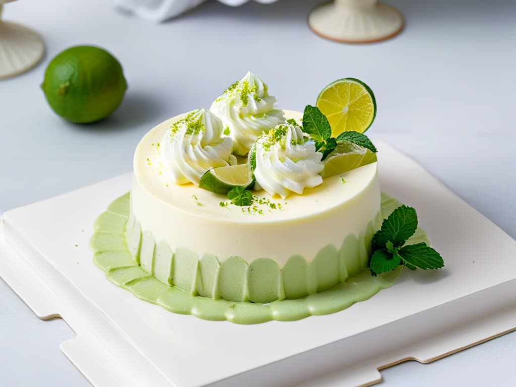  An ultradetailed image of a small, elegant white plate with a perfectly crafted mini cheesecake topped with a slice of fresh lime, a dollop of whipped cream, and a sprinkle of lime zest. The dessert sits on a sleek marble countertop, with soft natural lighting gently illuminating the scene, highlighting the textures of the creamy cheesecake and the vibrant green of the lime. The plate is subtly garnished with a few fresh mint leaves for a pop of color, creating a visually striking and appetizing composition. hyperrealistic, full body, detailed clothing, highly detailed, cinematic lighting, stunningly beautiful, intricate, sharp focus, f/1. 8, 85mm, (centered image composition), (professionally color graded), ((bright soft diffused light)), volumetric fog, trending on instagram, trending on tumblr, HDR 4K, 8K