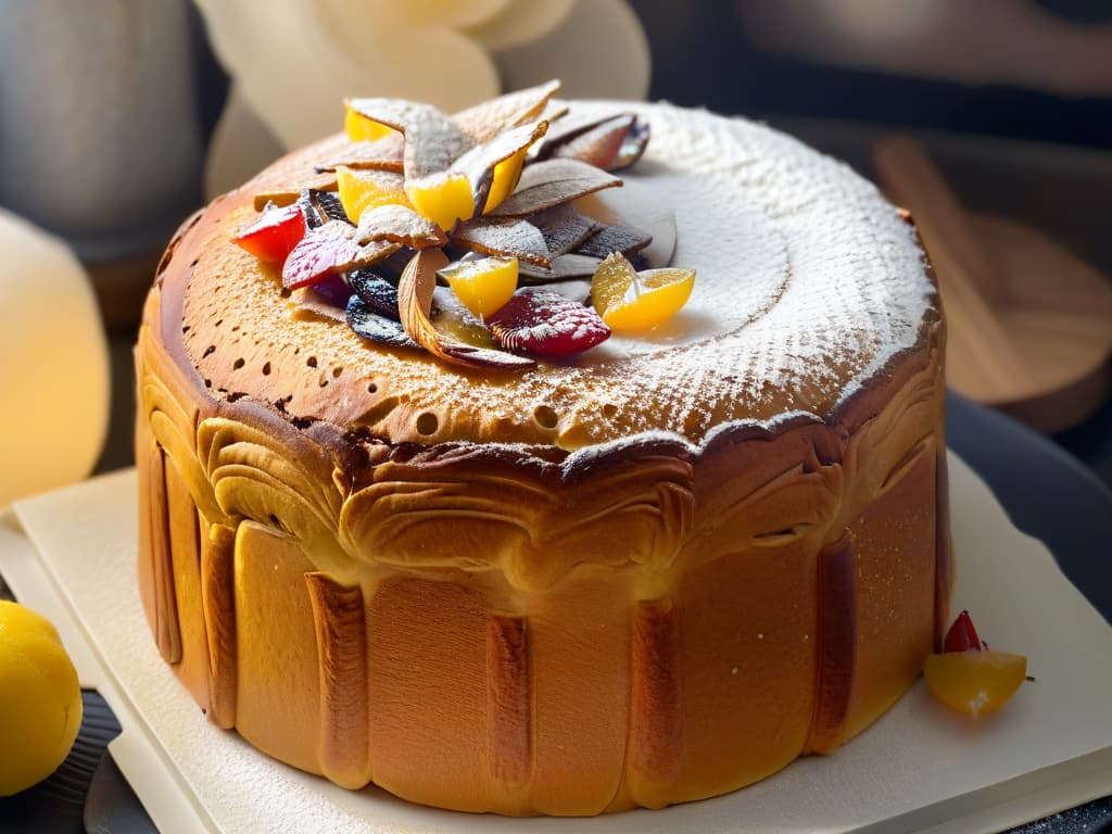  A closeup, ultradetailed image of a freshly baked Panettone with a goldenbrown crust, topped with a dusting of powdered sugar, and studded with candied fruits and almonds. The intricate texture of the bread is highlighted, showcasing the airy crumb structure typical of Panettone, with the fruits glistening and the almonds toasted to perfection. The lighting is soft, emphasizing the richness of the colors and inviting the viewer to appreciate the craftsmanship that goes into creating this premium holiday treat. hyperrealistic, full body, detailed clothing, highly detailed, cinematic lighting, stunningly beautiful, intricate, sharp focus, f/1. 8, 85mm, (centered image composition), (professionally color graded), ((bright soft diffused light)), volumetric fog, trending on instagram, trending on tumblr, HDR 4K, 8K