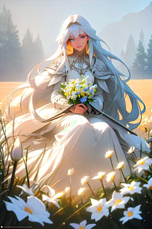  A girl with long white hair sitting in a field of flowers, warm lighting, white dress, blue eyes. hyperrealistic, full body, detailed clothing, highly detailed, cinematic lighting, stunningly beautiful, intricate, sharp focus, f/1. 8, 85mm, (centered image composition), (professionally color graded), ((bright soft diffused light)), volumetric fog, trending on instagram, trending on tumblr, HDR 4K, 8K