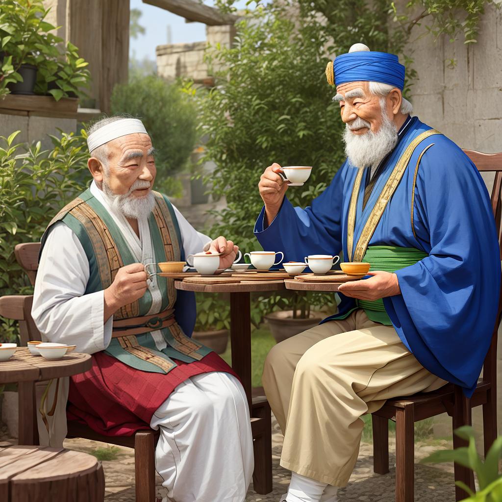  two old men in ancient costume a boy playing Go a pot of tea