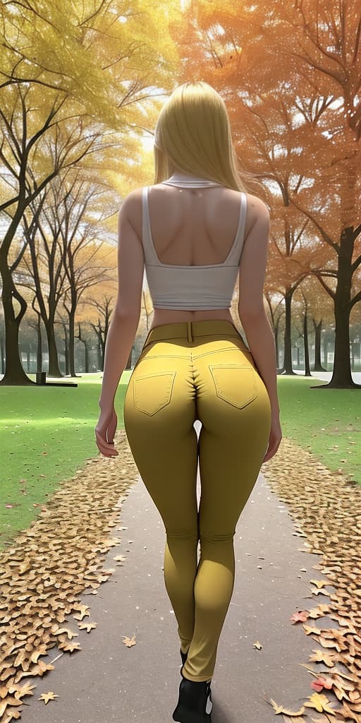  girl-blonde, with her back, in pants, walking through the park, autumn. I want to take a closer look at her ass