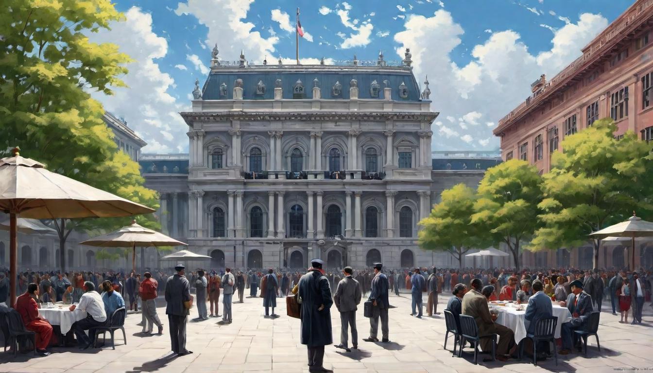  digital painting of A public square filled with figures looking up with apprehension, shadowy government building in backdrop, suspense, misunderstanding looking at viewer, dynamic pose, (intricate details, masterpiece, best quality)