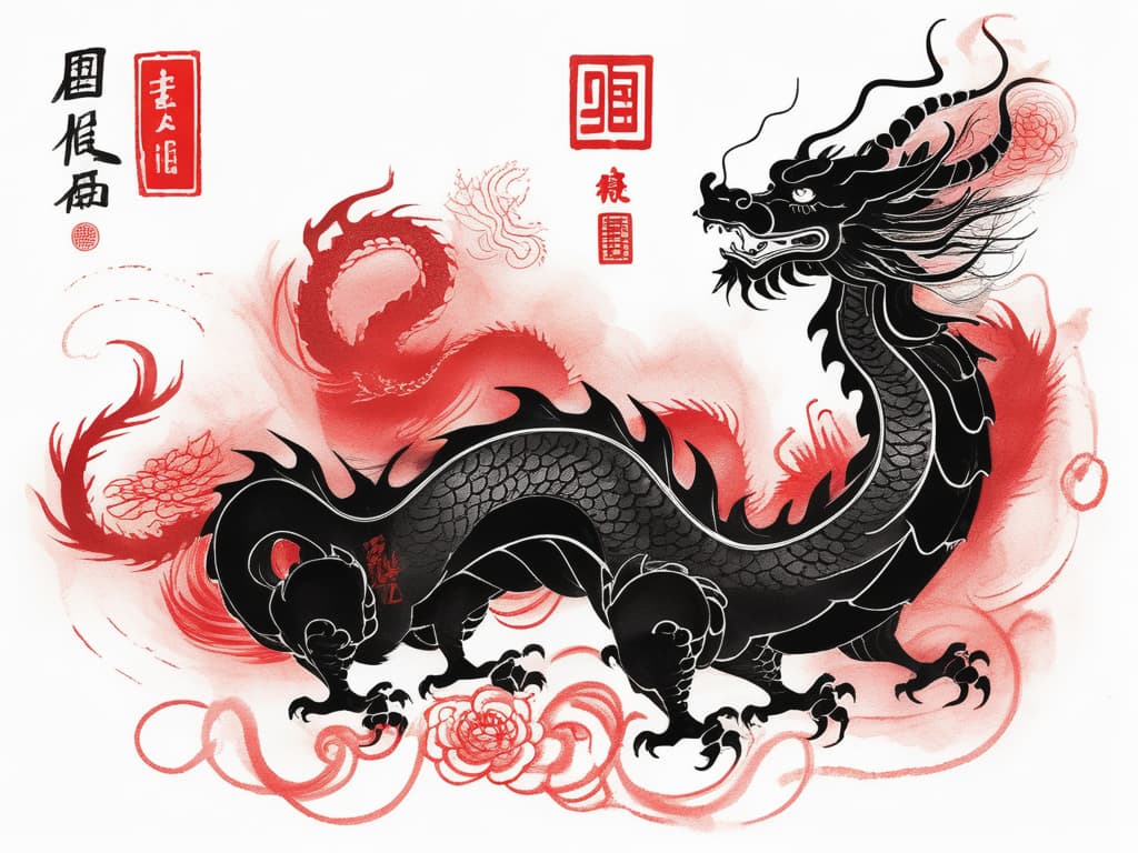  Shuǐmò huà, 水墨画, black and red ink, a dragon in chinese style, ink art by mschiffer, whimsical, rough sketch,