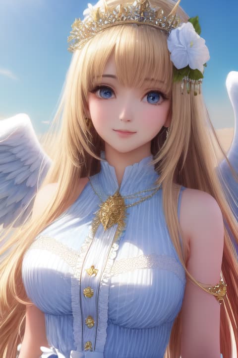  , 1, , (photo realistic body shot)+, (centered in frame)+, symmetrical face, cute, highly detail eyes, highly detailed face, (both eyes are the same)+, ideal huma, f8, photography, ultra details, Global illumination, soft light, dream light, color photo, neckline,  dress, ((angel))+++, angel wings, , fantasy world, blond hair