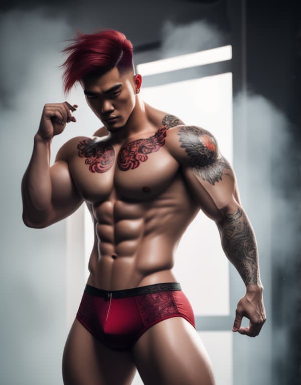  muscle, tattooed Chinese beautiful boy with white lace and red hair, lifting his in river， whole dorsal body，red chest hair hyperrealistic, full body, detailed clothing, highly detailed, cinematic lighting, stunningly beautiful, intricate, sharp focus, f/1. 8, 85mm, (centered image composition), (professionally color graded), ((bright soft diffused light)), volumetric fog, trending on instagram, trending on tumblr, HDR 4K, 8K
