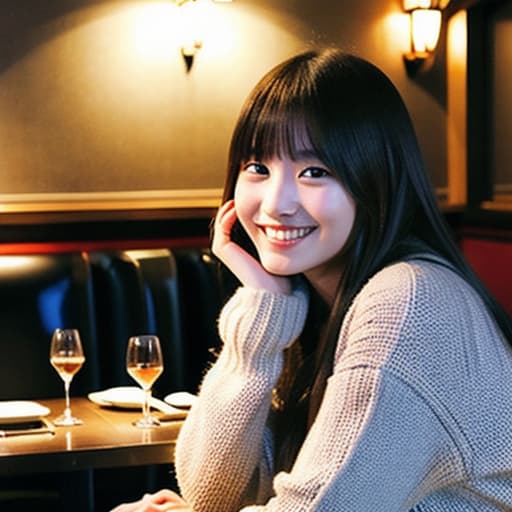  a realistic photo of a young Japanese woman, aged 25, with long dark brown hair with bangs and black eyes, 160cm tall, smiling, wearing white knitwear, at a dark and atmospheric luxurious French restaurant, dinner dishes, wine glass