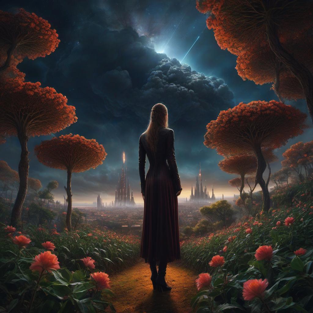  (stylized by Tomasz Alen Kopera:1.3) , dark art, dense flower field and Perseid meteor in background, landscape of a (Barcelona:1.2) , very Bizarre and 1600'S, Hurricane, Glitchcore, Amaro, layered textures, ornate, intricate artistic color, complimentary colors, very inspirational, atmosphere, fine artistic composition, sunny, theatrical hyperrealistic, full body, detailed clothing, highly detailed, cinematic lighting, stunningly beautiful, intricate, sharp focus, f/1. 8, 85mm, (centered image composition), (professionally color graded), ((bright soft diffused light)), volumetric fog, trending on instagram, trending on tumblr, HDR 4K, 8K