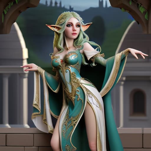  fantasy elven beautifull and opulent dress over balcony with her tight up watching out of castle on her kingdom