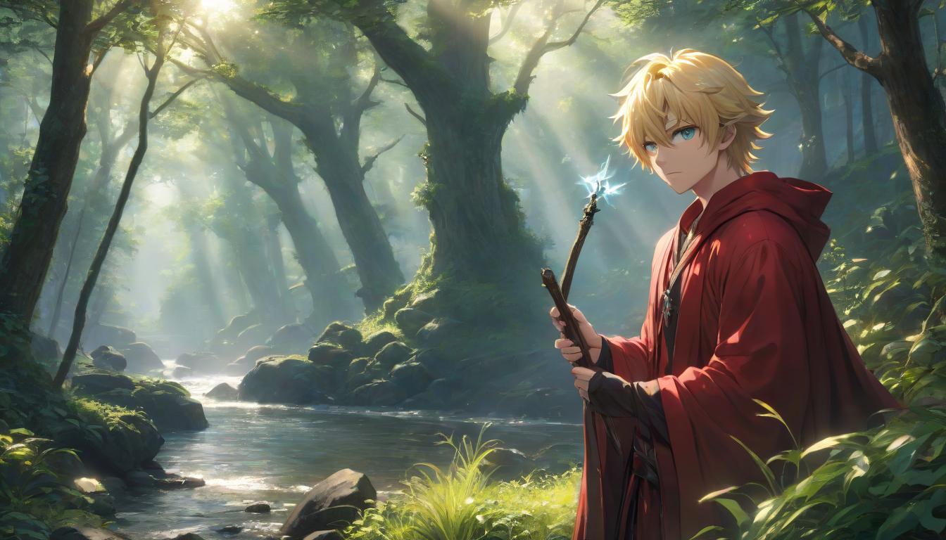  anime artwork Anime guy sorcerer wizard, close up portrait from the waist up, he is hiding behind a tree by the river sitting in a dense forest, a thin and young guy, a shadow falls on him, a look full of adventure, big eyes, he has blond hair and gray eyes, in his hands he holds a staff, dressed in a red robe, masterpiece: 2, best quality, ultra high resolution, original, extremely detailed, perfect lighting . anime style, key visual, vibrant, studio anime, highly detailed hyperrealistic, full body, detailed clothing, highly detailed, cinematic lighting, stunningly beautiful, intricate, sharp focus, f/1. 8, 85mm, (centered image composition), (professionally color graded), ((bright soft diffused light)), volumetric fog, trending on instagram, trending on tumblr, HDR 4K, 8K