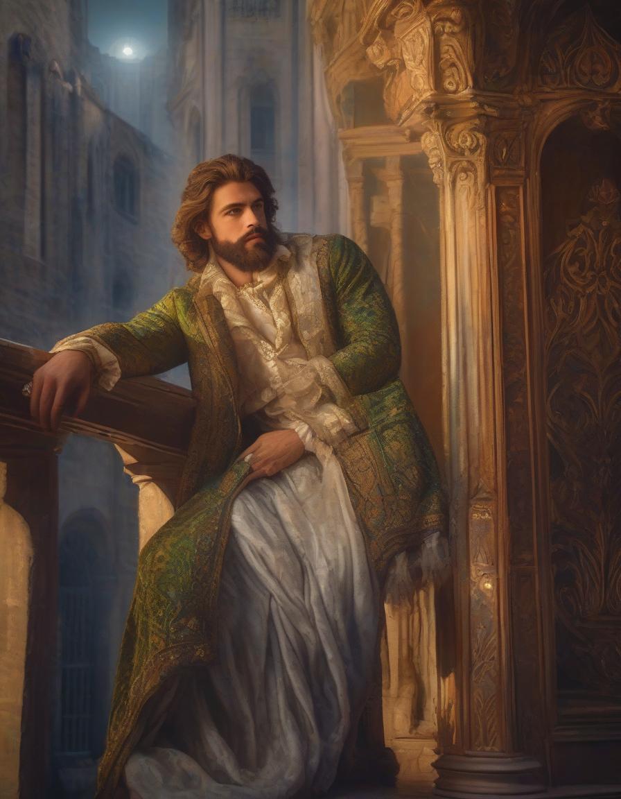  the era of the Middle Ages, the maximum close up, dark moonlit night, the most detailed portrait of an elegant wealthy very young man with an elegant goatee beard and long curly golden hair, in luxurious light lavishly decorated with intricate embroidery Tudor clothes, stands on the balcony of a medieval house and raises his head in deep thought and looks at the starry sky, expressive as detailed as possible drawn gray green eyes, long thick eyelashes, maximum detail, fine details, rich colors, image in the style of Daniel F. Gerhartz and Eugene de Blaas, maximum emphasis on the face, saturated colors, hyperrealistic, full body, detailed clothing, highly detailed, cinematic lighting, stunningly beautiful, intricate, sharp focus, f/1. 8, 85mm, (centered image composition), (professionally color graded), ((bright soft diffused light)), volumetric fog, trending on instagram, trending on tumblr, HDR 4K, 8K