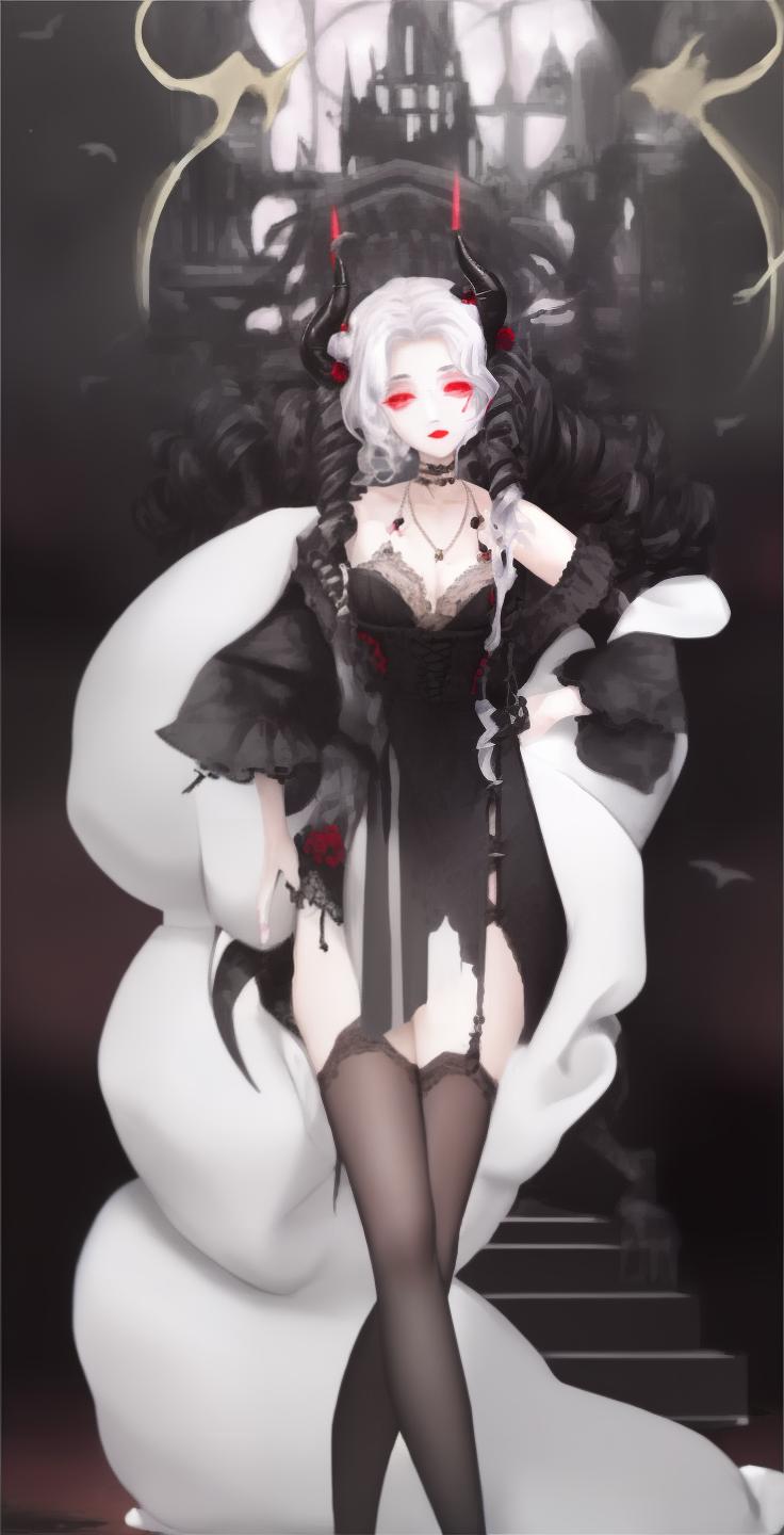  masterpiece, best quality, Mature women.female,queen,goddess,vampire,devil pupils,lipstick,long hair,white hair,curly hair,wavy hair,drill hair,glowing hair,hair ornament,ring,jewelry,necklace,lucency full dress,gothic,high heels,sock dangle,demon horns,standing,look at viewer,night,longeyelashes,mole under eye,expressionless,lace trim,nail polish,lolita fashion,pointy footwear,stockings,feathered wings