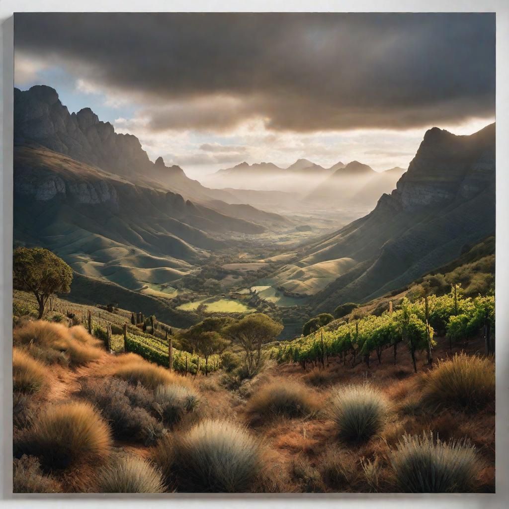  A oil landscape of Jonkershoek mountains in Stellenbosch in the style of Klara Marie den Heijer hyperrealistic, full body, detailed clothing, highly detailed, cinematic lighting, stunningly beautiful, intricate, sharp focus, f/1. 8, 85mm, (centered image composition), (professionally color graded), ((bright soft diffused light)), volumetric fog, trending on instagram, trending on tumblr, HDR 4K, 8K