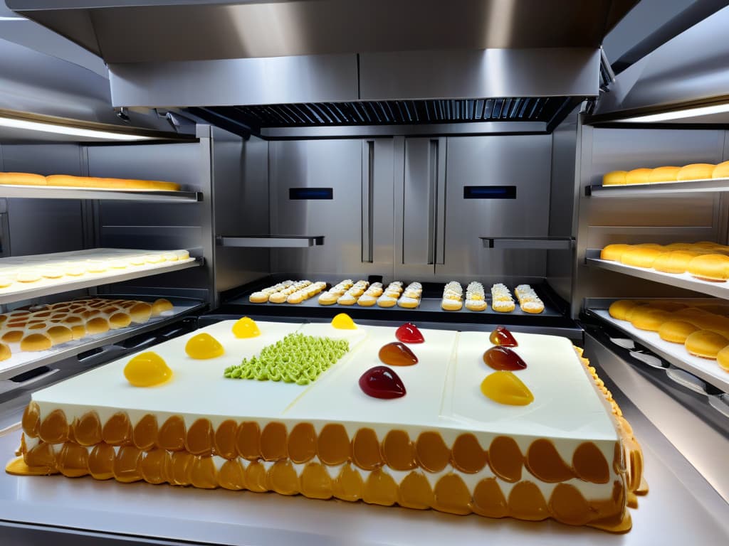  A photorealistic image of a professional bakery kitchen with advanced 3D printers seamlessly integrated into the workflow, showcasing intricately designed and customized cakes and pastries being created with precision. The image captures the futuristic and innovative approach to pastry making, with a mix of traditional baking tools and cuttingedge technology working in harmony to elevate the art of confectionery. hyperrealistic, full body, detailed clothing, highly detailed, cinematic lighting, stunningly beautiful, intricate, sharp focus, f/1. 8, 85mm, (centered image composition), (professionally color graded), ((bright soft diffused light)), volumetric fog, trending on instagram, trending on tumblr, HDR 4K, 8K