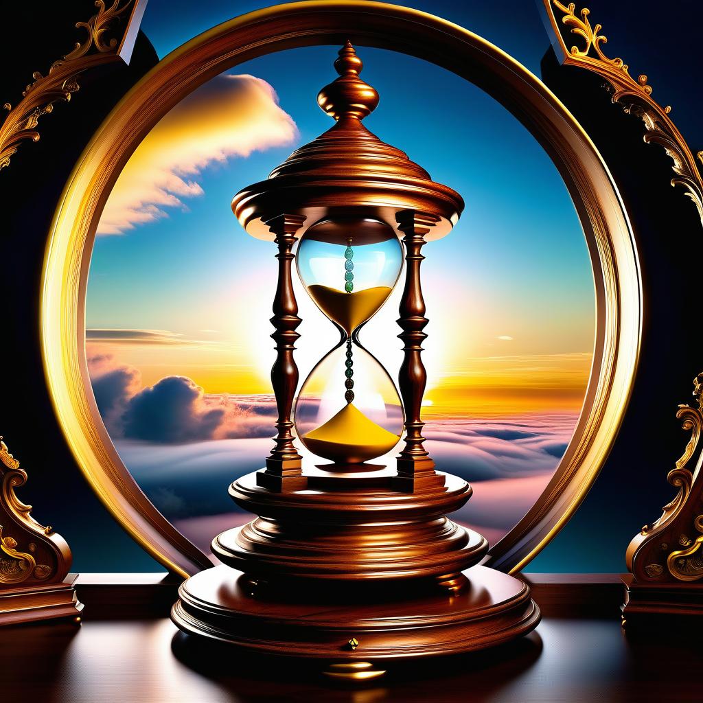  ethereal fantasy concept art of (Fancy hourglass). clock design: wooden carved case lacquered. Bowls of transparent glass. Inside the top bowl of the clock the rising sun is displayed. Around the sun is a blue sky and white, golden pink clouds. (Inside the lower bowl of the clock):A nighttime, dark blue sky with a bright yellow month with a silvery cast. Beneath the sky are mountains covered with blue white snow, shimmering with different colours of the rainbow. Background: gradient: in the lower part of the background the structure of sand. In the upper part of the background perispherical clouds in the blue sky. Style: philosophical romantic fantasy. . magnificent, celestial, ethereal, painterly, epic, majestic, magical, fantasy art, cov hyperrealistic, full body, detailed clothing, highly detailed, cinematic lighting, stunningly beautiful, intricate, sharp focus, f/1. 8, 85mm, (centered image composition), (professionally color graded), ((bright soft diffused light)), volumetric fog, trending on instagram, trending on tumblr, HDR 4K, 8K