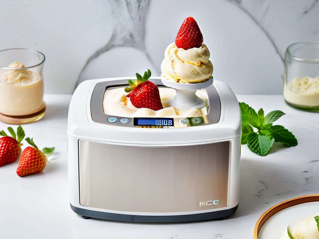  A sleek, modern stainless steel ice cream maker with a digital display, surrounded by fresh, vibrant ingredients like ripe strawberries, vanilla pods, and mint leaves on a marble countertop. The soft natural light filters in, casting a gentle glow on the scene, creating a serene and inviting atmosphere for creating delicious gourmet desserts at home. hyperrealistic, full body, detailed clothing, highly detailed, cinematic lighting, stunningly beautiful, intricate, sharp focus, f/1. 8, 85mm, (centered image composition), (professionally color graded), ((bright soft diffused light)), volumetric fog, trending on instagram, trending on tumblr, HDR 4K, 8K