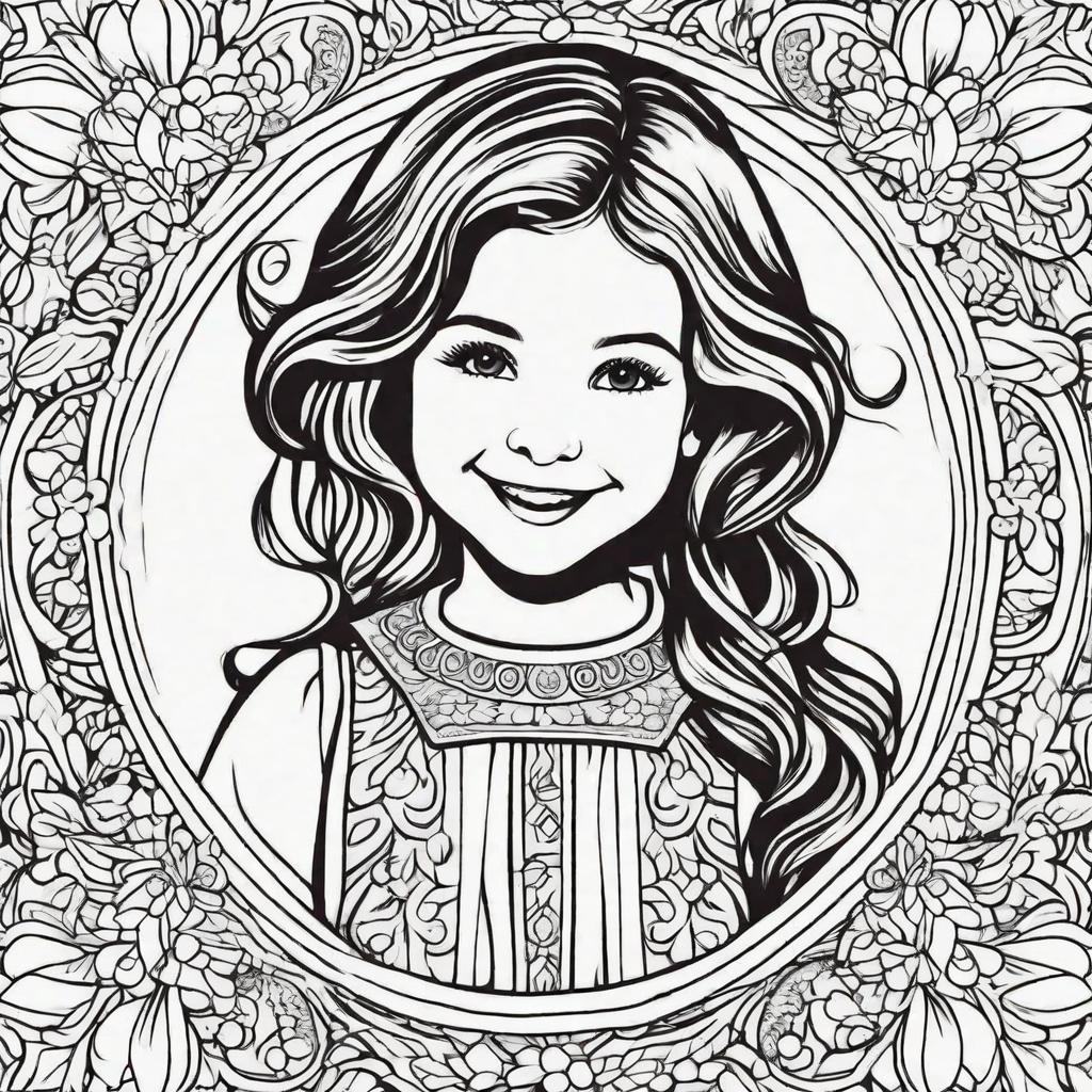  in a coloring book style, A girl with opened hair, a giving a cheerful smile with beautiful eyes and face expression.