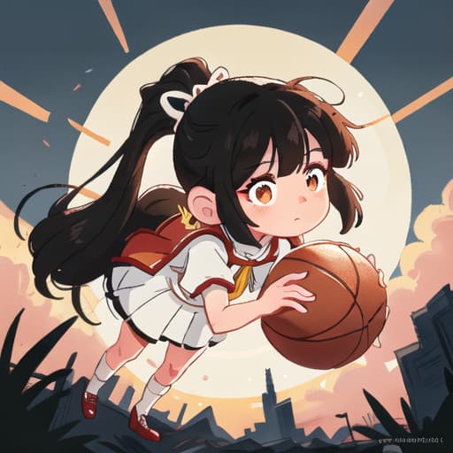  anime girl black hair bright dark brown eyes red and white basketball uniform with the number 18 and the name Nicky white and black shoes Have your hair in a medium high ponytail with two strands on the sides of your ears, have a basketball and look full body Pastel Palette, Da Vinci's Dreams, Picasso's , Sunrise Splendors, Floral Fantasy, Mystical Moonscapes, Urban Nature, Crystal Clear, Cinematic hyperrealistic, full body, detailed clothing, highly detailed, cinematic lighting, stunningly beautiful, intricate, sharp focus, f/1. 8, 85mm, (centered image composition), (professionally color graded), ((bright soft diffused light)), volumetric fog, trending on instagram, trending on tumblr, HDR 4K, 8K